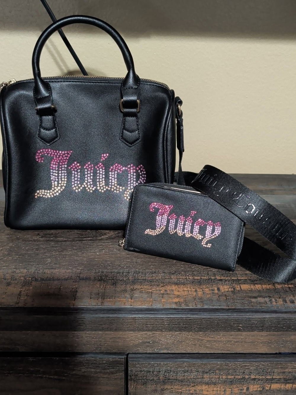 Juicy Couture Black Satchel and Matching Wallet with Pink-Gold Crystal Logo